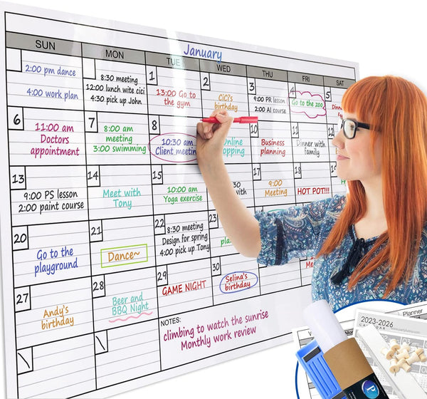 Dry Erase Monthly Extra Large White board Calendar for Wall, 25" by 38", Jumbo Laminated Erasable One Month Whiteboard Calendar, Huge Oversized Blank 30-Day Poster with Lines and Squares