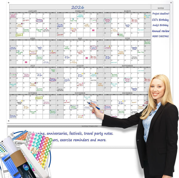 Jumbo Dry Erase Yearly Whiteboard Wall Calendar, 55" x 63", Huge 12 Month Laminated Erasable White Board, Giant Annual Family Schedule Planner, Large Undated Reusable Year Poster