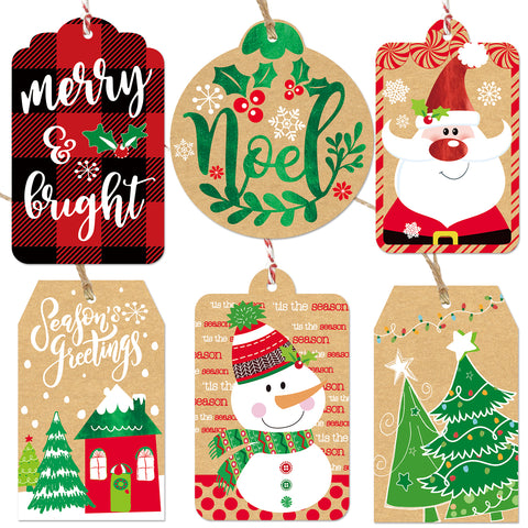 New Style No.10 Christmas Gift Tags tie on with string 60 Count (15 Assorted Glitter, Foil, printed designs for DIY Xmas Present Wrap and Label Package Name Card)