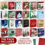 24 Large Christmas Gift Bags Bulk With Handles, 26 Tissue Paper and 60 Count Christmas Gift Tags Set-24 Assorted Designs Big Size Sacks Set For Wrapping Xmas Holiday Presents