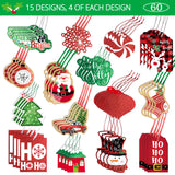 New Style No.1  Christmas Gift Tags tie on with string 60 Count (15 Assorted Glitter, Foil, printed designs for DIY Xmas Present Wrap and Label Package Name Card)