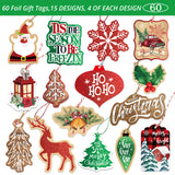 New Style No.5 Christmas Gift Tags tie on with string 60 Count (15 Assorted Glitter, Foil, printed designs for DIY Xmas Present Wrap and Label Package Name Card)