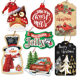 New Style No.6 Christmas Gift Tags tie on with string 60 Count (15 Assorted Glitter, Foil, printed designs for DIY Xmas Present Wrap and Label Package Name Card)