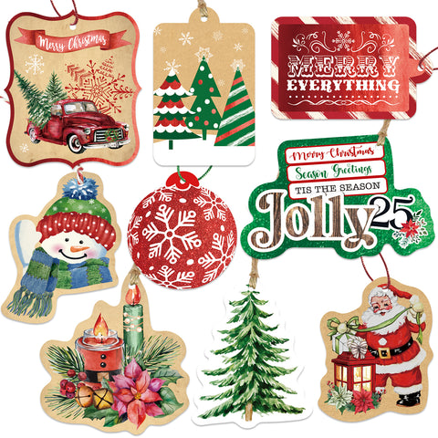 New Style No.8 Christmas Gift Tags tie on with string 60 Count (15 Assorted Glitter, Foil, printed designs for DIY Xmas Present Wrap and Label Package Name Card)