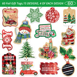 New Style No.8 Christmas Gift Tags tie on with string 60 Count (15 Assorted Glitter, Foil, printed designs for DIY Xmas Present Wrap and Label Package Name Card)