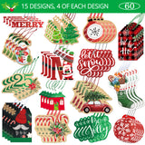 New Style No.9 Christmas Gift Tags tie on with string 60 Count (15 Assorted Glitter, Foil, printed designs for DIY Xmas Present Wrap and Label Package Name Card)