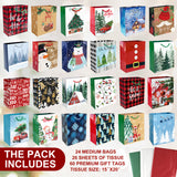 24 Small Christmas Gift Bags Bulk With Handles, 26 Tissue Paper and 60 Count Christmas Gift Tags Set-24 Assorted Designs Little Size Sacks Set For Wrapping Xmas Holiday Presents