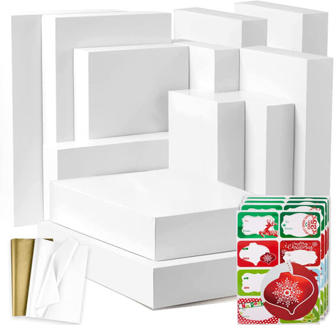 12 White Large Gift Wrap Boxes Bulk with Lids, 12 tissue paper and 80 Count Foil Christmas Tag Stickers for wrapping oversized Clothing (Robes,Sweater, Coat,Shirts) and xmas Holiday Present