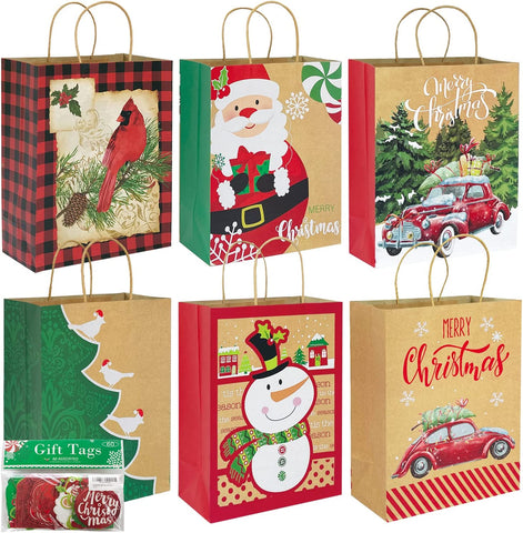 24 Large Kraft Christmas Gift Paper Bags Bulk with handles and 60 Count Christmas Gift Tags-12 Designs big size sacks set for Wrapping Xmas Holiday Presents