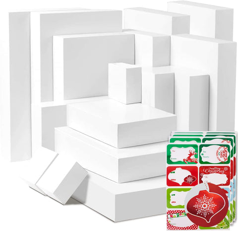 24 White Gift Wrap Boxes with Lids for wrapping Large Clothes and 80 Count Foil Christmas Tag Stickers (Assorted size for wrapping Robes,Sweater, Coat Shirts and Clothes xmas Holiday Present)