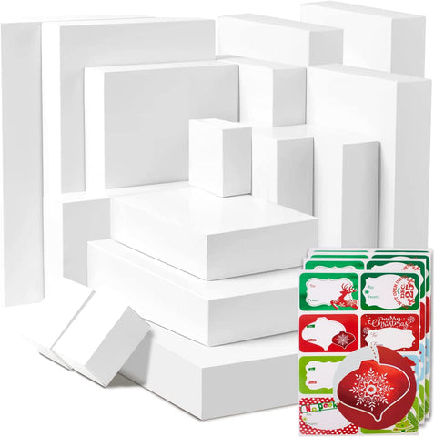 16 White Gift Wrap Boxes with Lids for wrapping Large Clothes and 80 Count Foil Christmas Tag Stickers (Assorted size for wrapping Robes,Sweater, Coat Shirts and Clothes xmas Holiday Present)