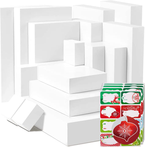 16 White Gift Wrap Boxes Bulk with Lids for Wrapping Extra Large Clothes and 80 Count Christmas Tag Stickers(Assorted size for Shirts,Robes,Coats,Sweaters,clothing and xmas Holiday Present)