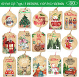 Christmas Gift Name Tags 60 Count with Untied String -15 Assorted Foil, Printed Designs to and from Labels for Xmas Present Wrapping