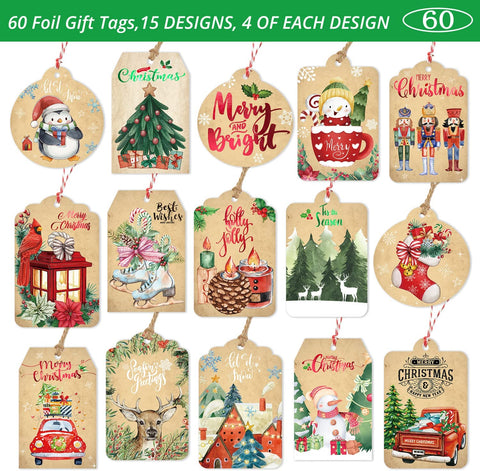Christmas Gift Name Tags 60 Count with Untied String -15 Assorted