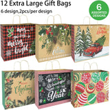 12 Extra large Christmas Gift Paper Bags Bulk with handles and 60 Count Christmas Gift Tags-6 Designs Jumbo oversized sacks set for Wrapping Gaint Xmas Holiday Presents