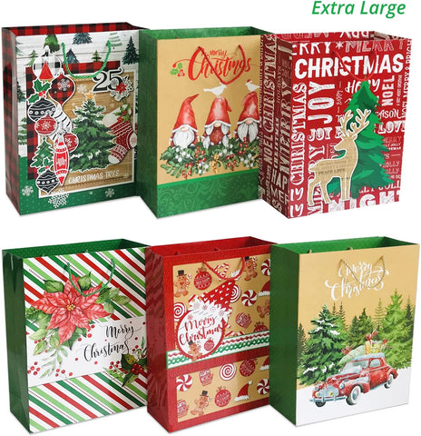  24 Count Gift Bags For Christmas Bulk Set Includes 4 Jumbo 6  Large 6 Medium 8 Small Holiday Xmas Bag Assortment Bags with Handles & Tags  Wrapping Any Size Present for