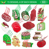 Christmas Gift Tags tie on with string 60 Count (15 Assorted Glitter, Foil, printed designs for DIY Xmas Present Wrap and Label Package Name Card)