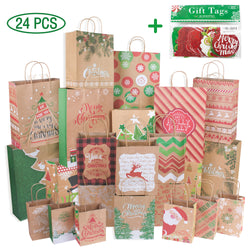 24 Kraft Christmas Gift Bags Assorted sizes with 60-Count Christmas Gift Tags(Bulk Set,6 XL,6 Large,6 Medium,6 Small)