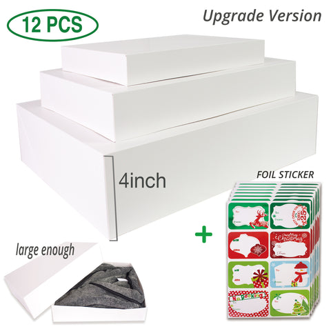 12 White Gift Boxes with Lids for Christmas and 80-Count Foil Christmas Gift Tag Stickers (Assorted size for wrapping  Robes ,Shirts and Clothes)